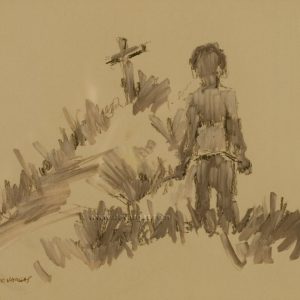 Boceto niño ante una tumba