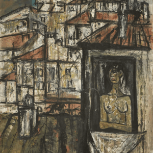 Ciudad con mujer en ventana