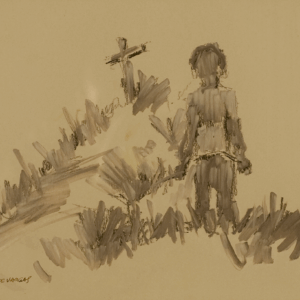 Boceto niño ante una tumba